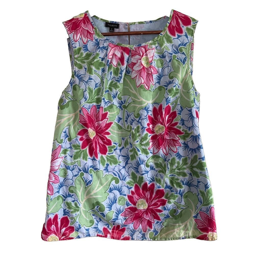 Talbots Women’s Sz 12 Floral Sleeveless Top 100% Cotton Voile Button Back Boho